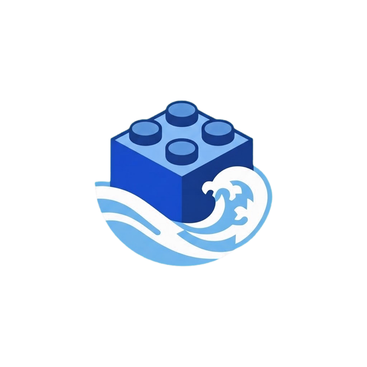 The BrickSurge mark, a blue brick riding a wave.